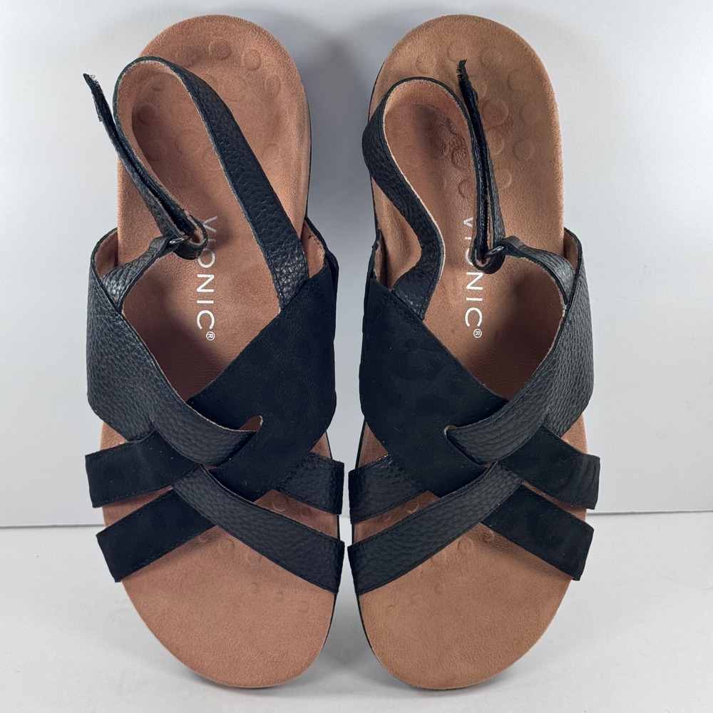 Vionic Eira Black Leather Leopard Suede Backstrap Sandals TVW5659 Womens 10